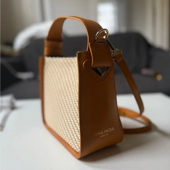 LIKE NEW Women’s Anna Paola Leather and Rattan Crossbody Bag - cognac and beige - Picture 6 of 7